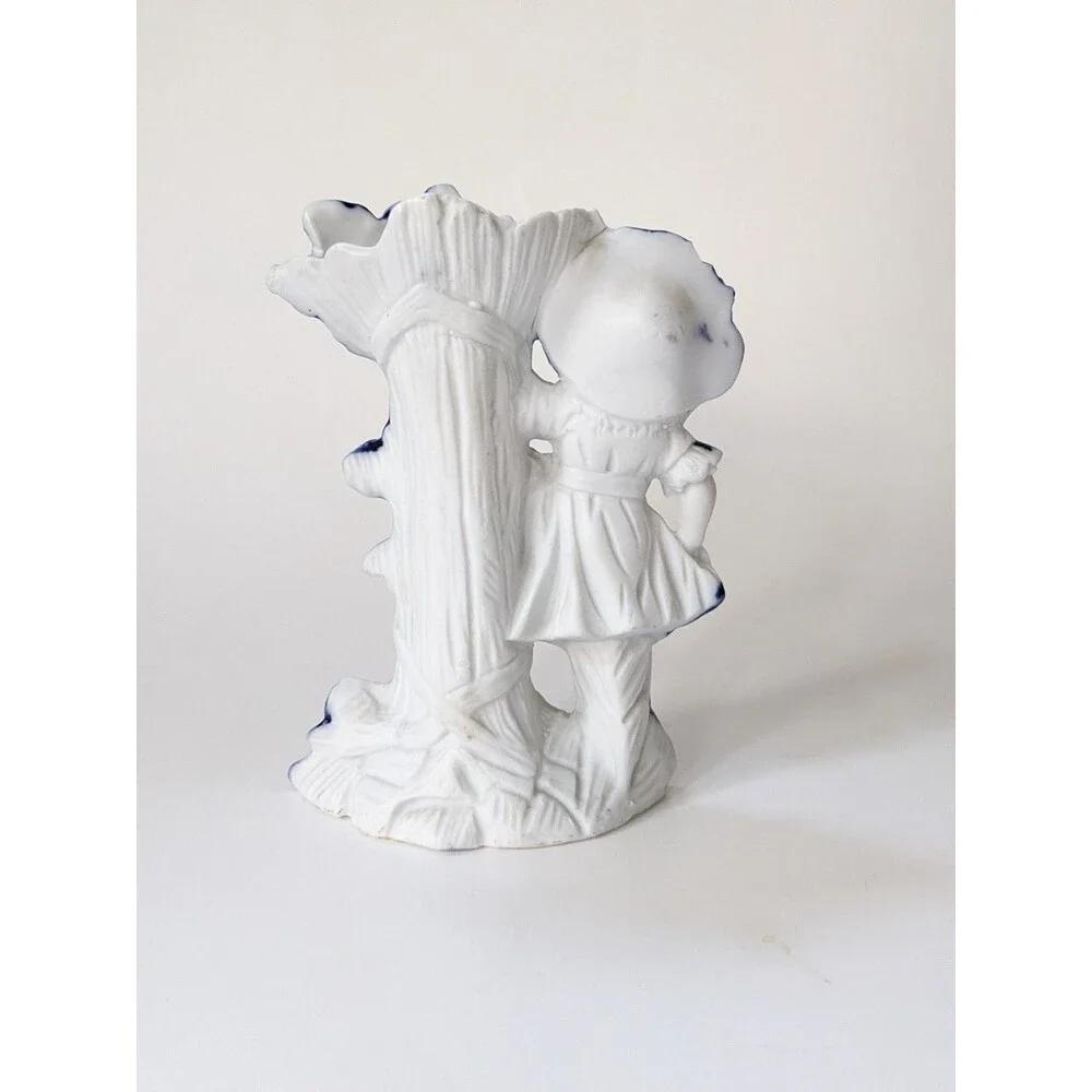 Antique German Mantel Vases Pair Boy Girl Blue White Porcelain Figurines‎ c1900